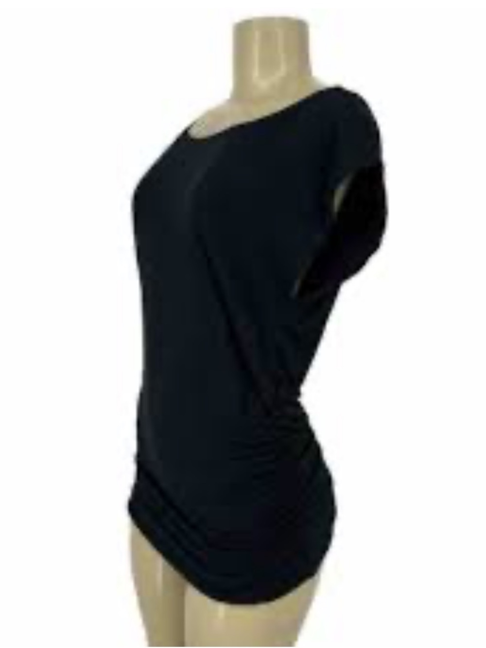 CAbi Gathered Side Top Black Knit Blouse Medium Style 5068 Stretch Cap Sleeve